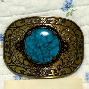 Vintage Western Turquoise and Brass Belt Buckle